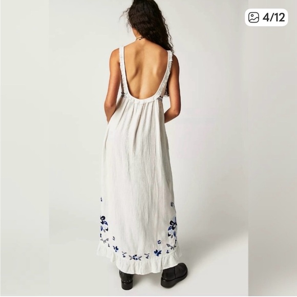 Free People White Maxi Magda Dress with Blue Floral Embroidery /Large/ Excellent - Picture 6 of 13